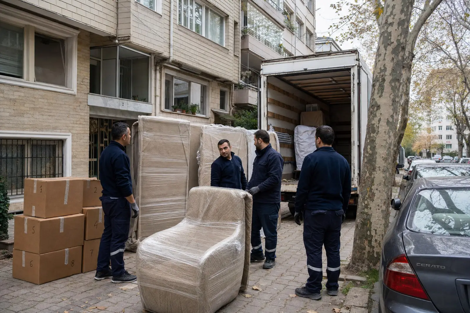 Acıbadem apartman önünde paketlenmiş mobilyalar ve kapalı kasa nakliyat aracıyla profesyonel ekip