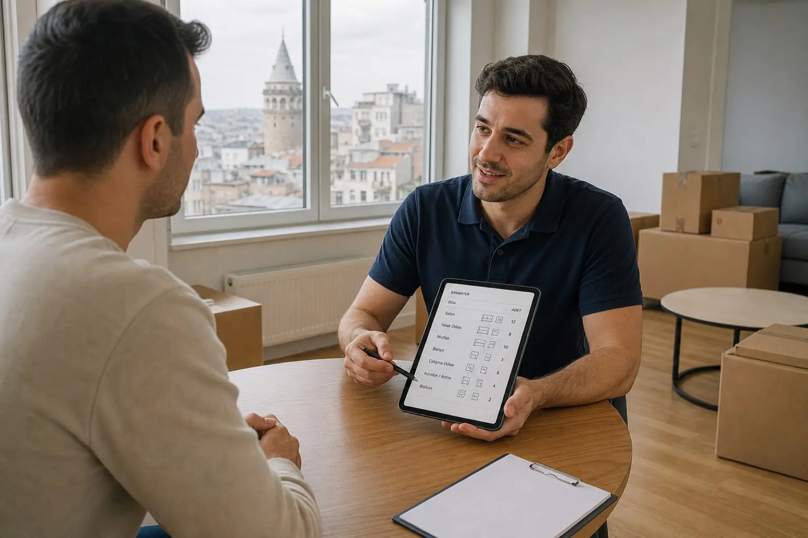 Müşteriyle tablet üzerinde taşınma planını değerlendiren nakliyat danışmanı